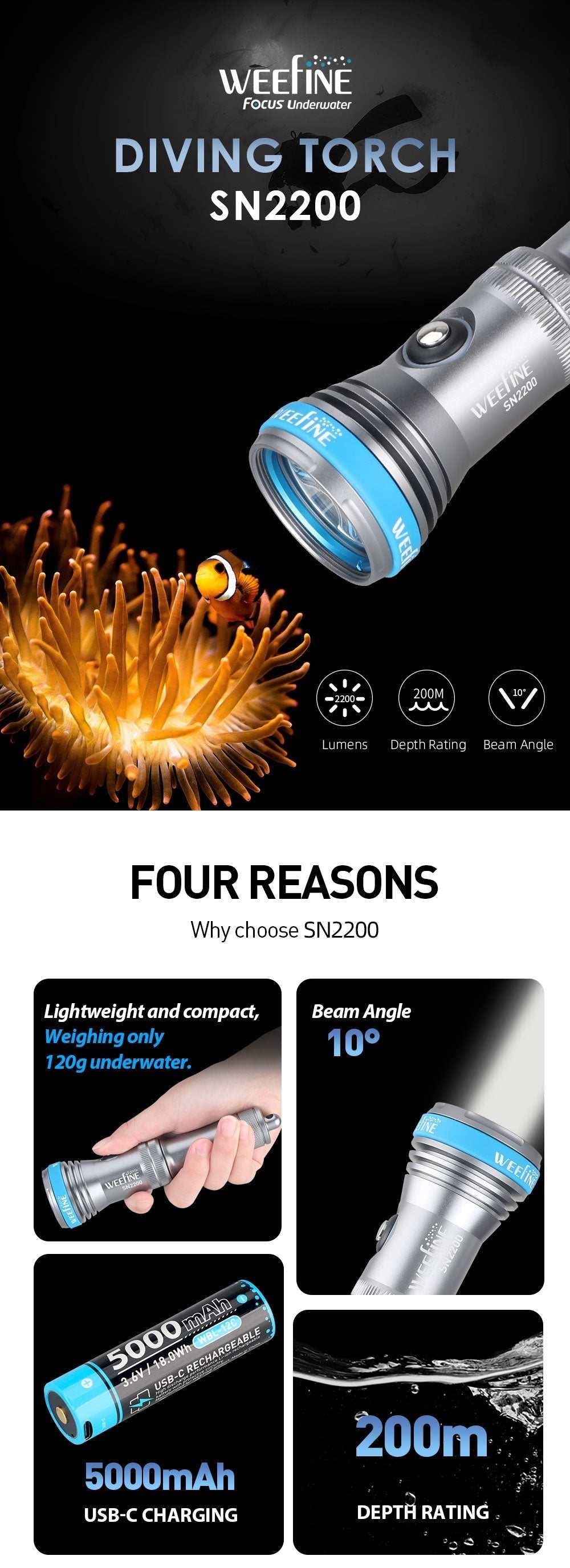 WF109 SN2200 Diving Torch 2200 Lumens 6