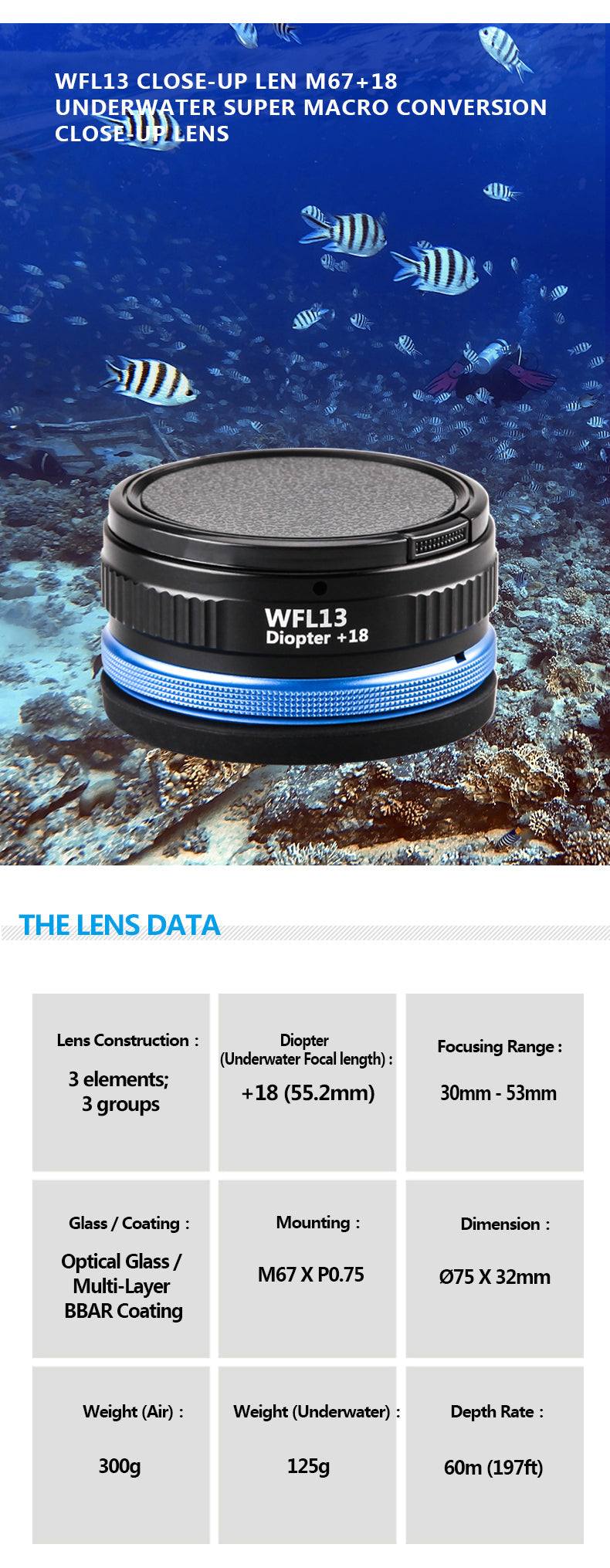 WFL13 Close-up Wet Lens +18 M67 6
